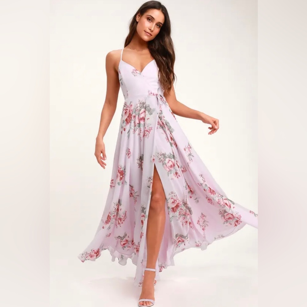 Lulu’s Elegantly Inclined Lavendar Floral Print Wrap Maxi Dress
